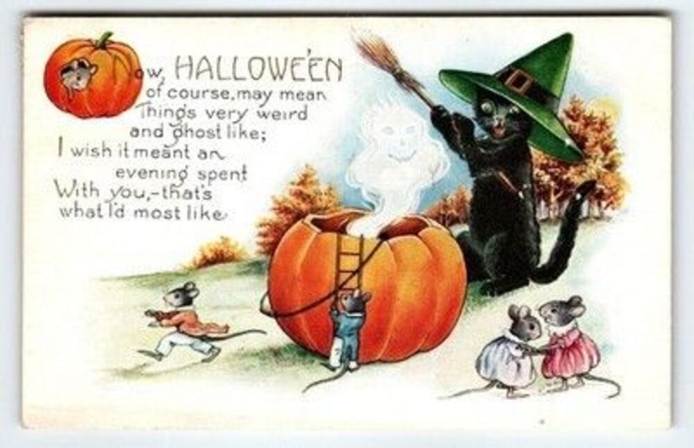 Halloween Postcard Black Cat Witch & Mice Pumpkin Divided Back Ghost Whitney
